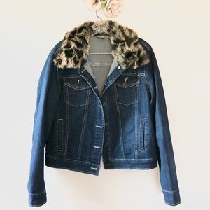 NY&Co. Navy Denim Leopard Fur Collar Jacket NEW!